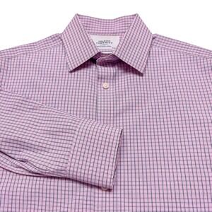 Charles Tyrwhitt Shirt Mens 15.5 35 Pink Check Slim Fit Cotton Dress Long Sleeve